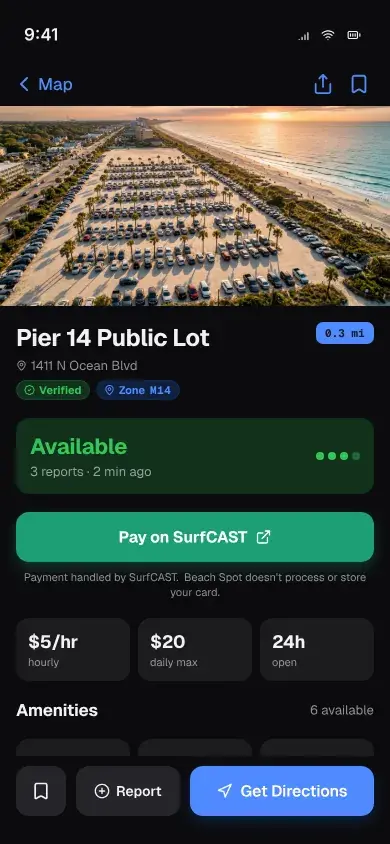 BeachSpot mobile app — Pier 14 Public Lot detail view